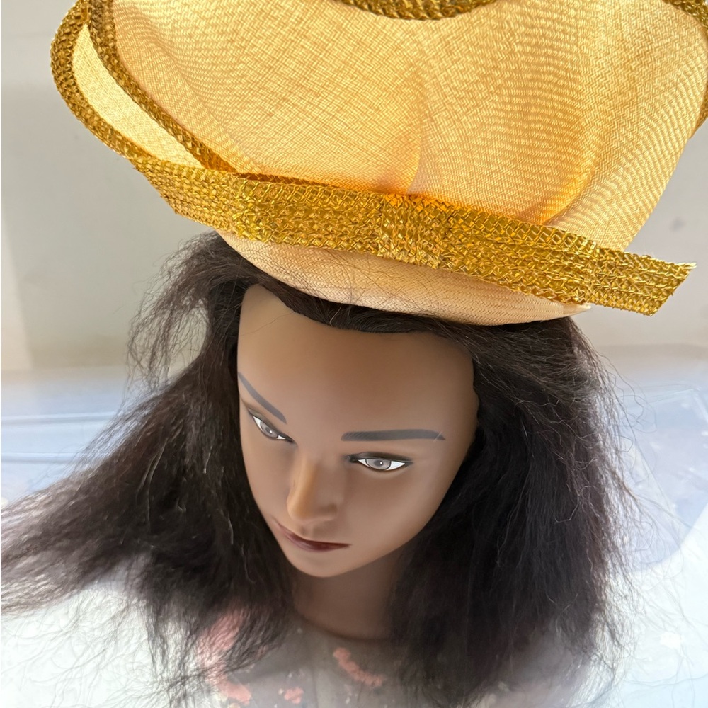 Adolfo II New York Paris Vintage Gold Metallic Straw Pillbox Hat Braided Trim